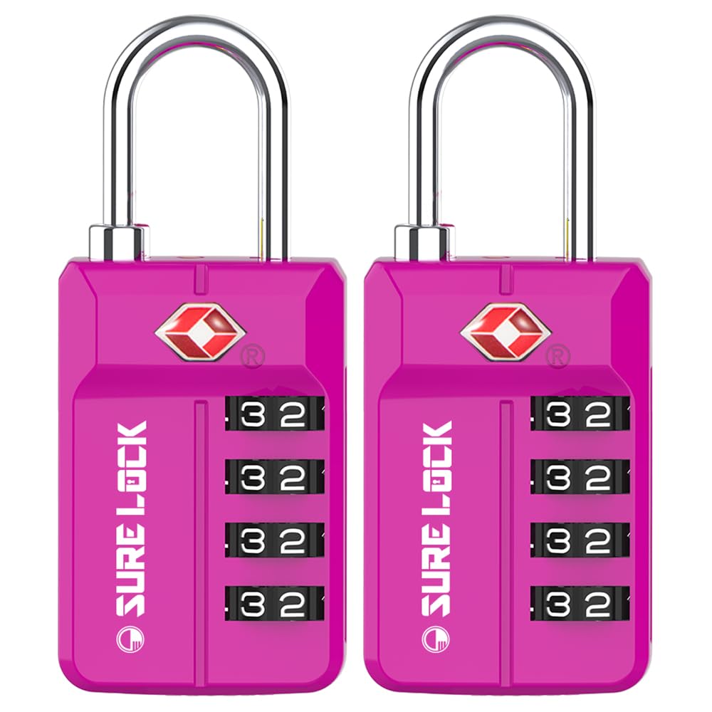 SURE LOCK TSA Approved 4-Digit Resettable Combination Luggage Locks with Open Alert, Easy-Read Dials - for Luggage, School Lockers, Gym, Office, Toolbox & Security Cases (Pink 2 Pack)