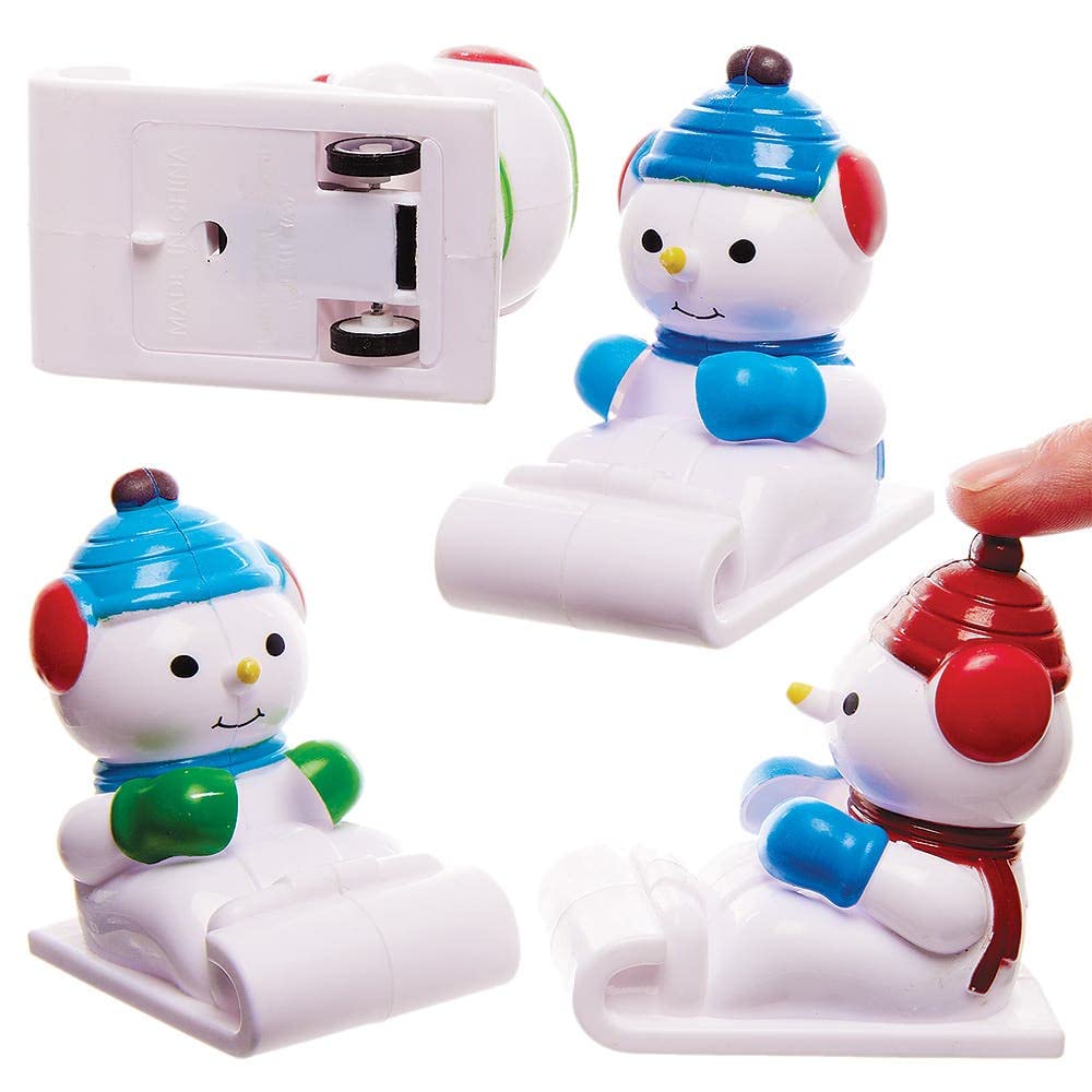 Baker Ross FX411 Snowman Sleigh Pull Back Racers - Pack of 4, Xmas Racing Toys for Kids, Toys for Kids Party Bags and Christmas Stockings