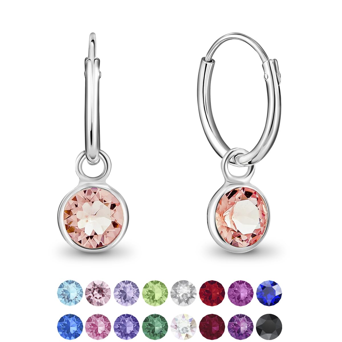 925 Sterling Silver Small Hoops Earrings with Dangling Round Crystals 3 mm - Light Rose Earrings - Thickness 1.2 mm - Diameter: 12 mm