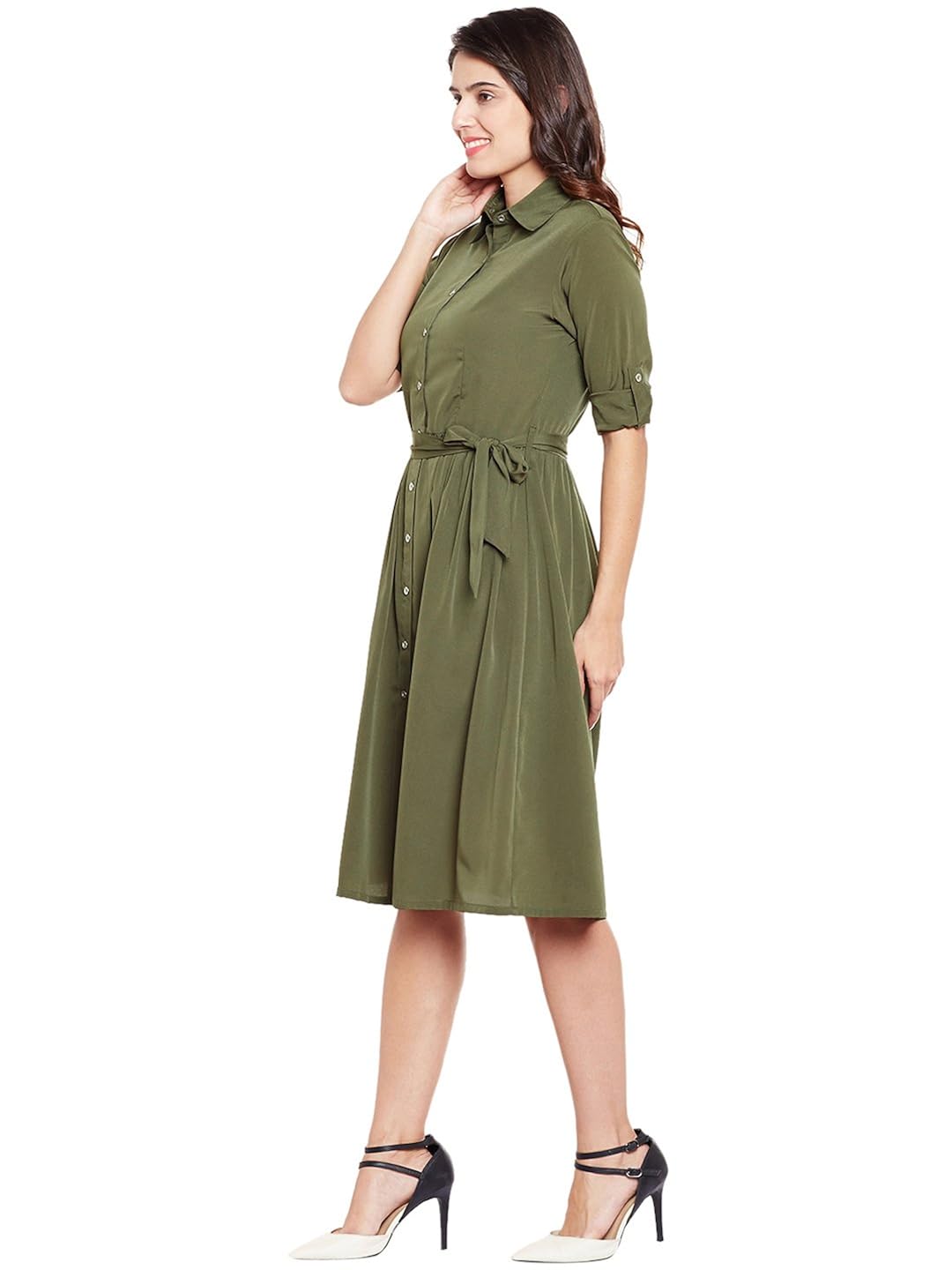 wisstler women's olive green poly crepe shirt dress with belt