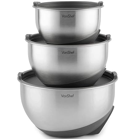 VonShef 3-teiliges Schüssel-Set mit Sieben – Schüsseln aus hochwertigem Edelstahl mit rutschfestem Boden & schrägem Standfuß