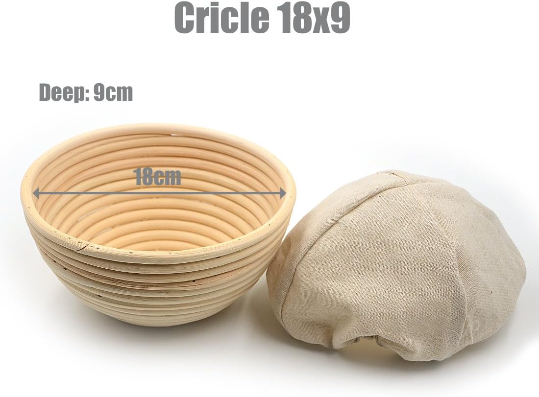 AngelaKerry 1pcs 18x9cm (7" Diameter) Round Banneton Brotform Round Bread Proofing Basket Handmade + Cloth Liner