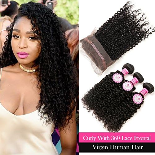 ANNMODE Hair 9A Grade Brazilian Virgin Human Hair Kinky Curly Hair 3 Bundles With 360 Full Lace Band Frontals 22.5"x4"x2" Lace Band Frontal Closure Extensions Mixed Length 22 22 22+20inch