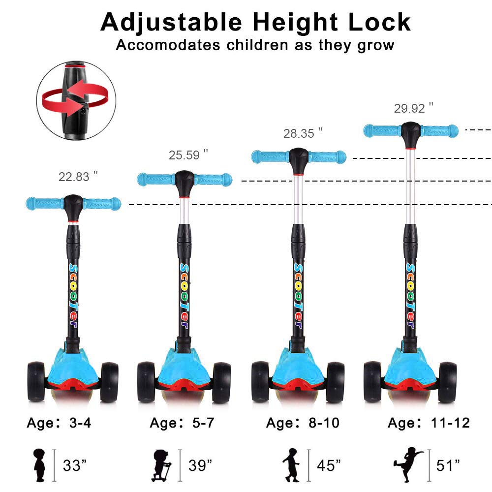 67i Kids Scooter Foldable Scooter for Kids 3 Wheel Toddler Scooter 4 Adjustable Height with PU Flashing Wheel Lean to Steer Kids Boys Girls Birthday Gift for Children from 2 to 12 Years Old