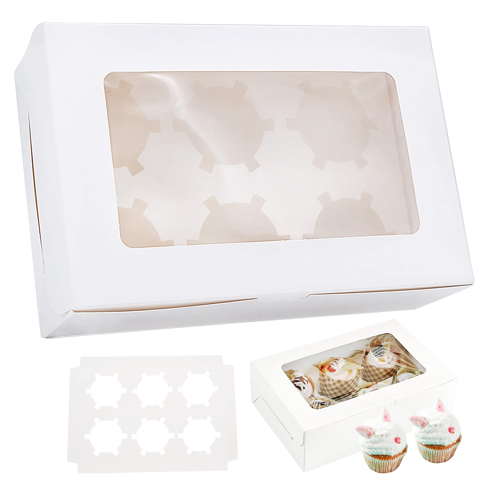 Cisolen 15 Pieces Cupcake Boxes Cupcake Muffin Boxes with Window Insert Patisserie Boxes Box Cardboard Cake Boxes with Large Viewing Window 6 Holes
