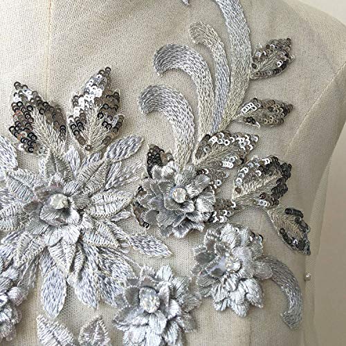 Exquisite Silver Crystal Flower Applique Embroideried Sequins Details Floral Motif Sew onto Lyrical Dance Dress Prom Dress Evening Gown