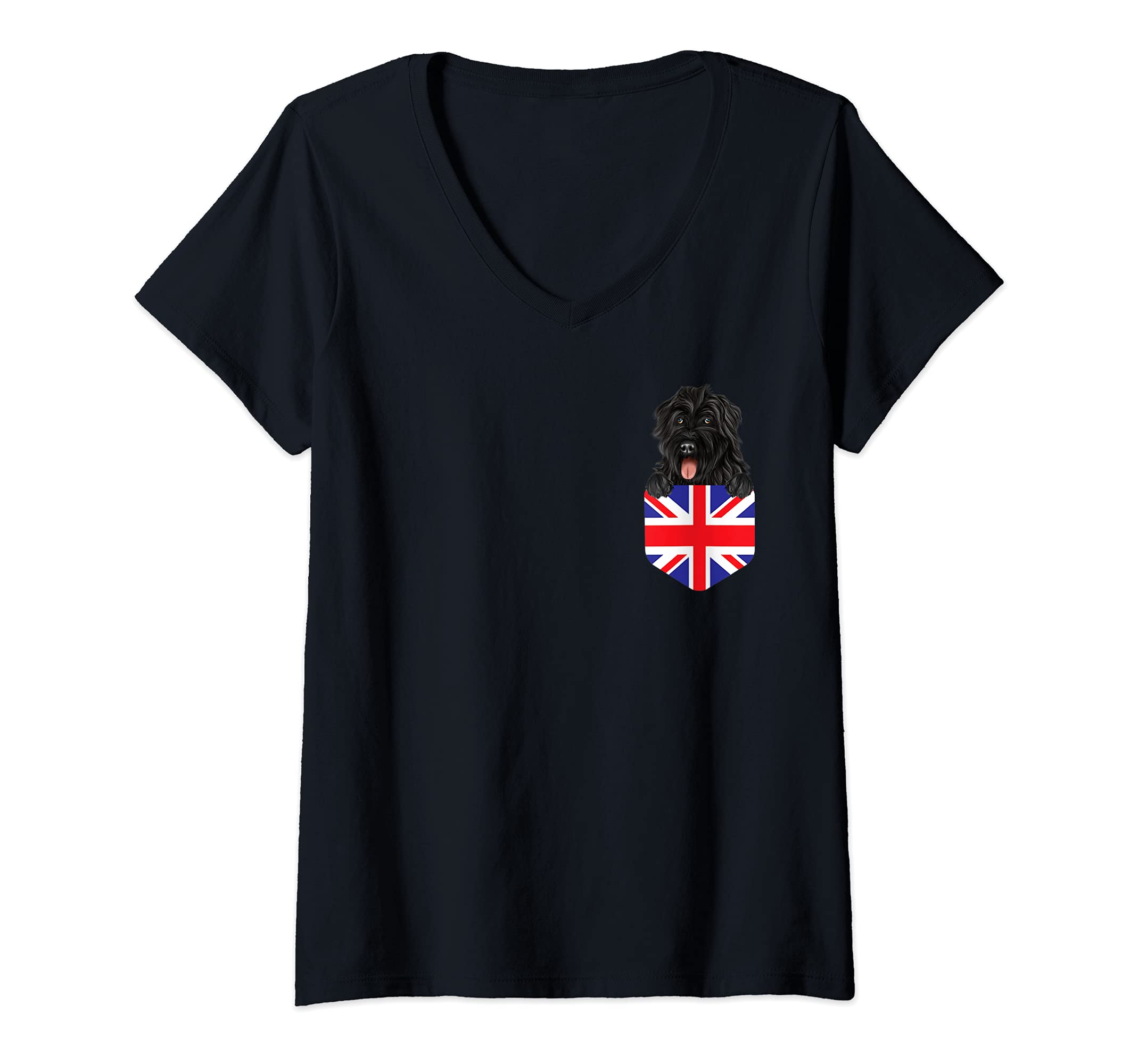 Womens United Kingdom Flag Bouvier des Flandres Dog In Pocket V-Neck T-Shirt