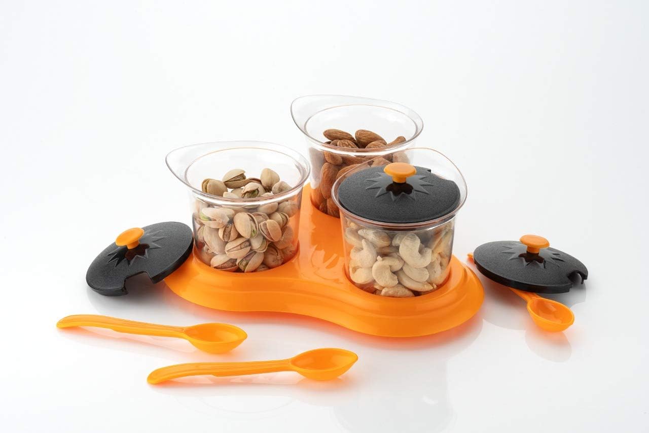 Aakruti 3 in 1 Multipurpose Dining Pickle Storage Jars with Lids and Tray Holder, 3 Containers, 3 Spoons, 3 Lids, 1 Holding Tray (Orange)