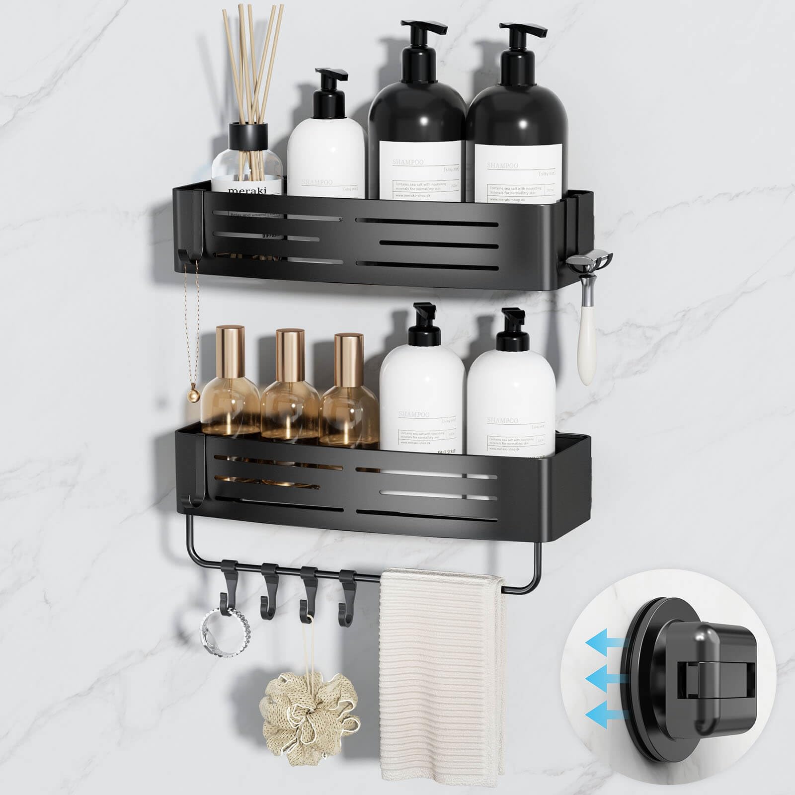 Photo 1 of Onemake Suction Cup Shower Caddy, 2-Pack Shelf Organizer for Bathroom, Bathroom Suction Shelves with Portable Hooks, Shower Caddies Corner with Towel Bar,Matte Black