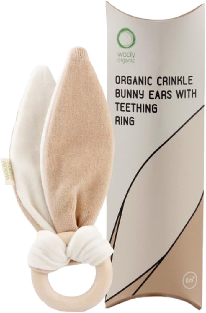 Wooly Organic Crinkle Bunny Ears With Natural Maple Wood Teething Ring - Beige