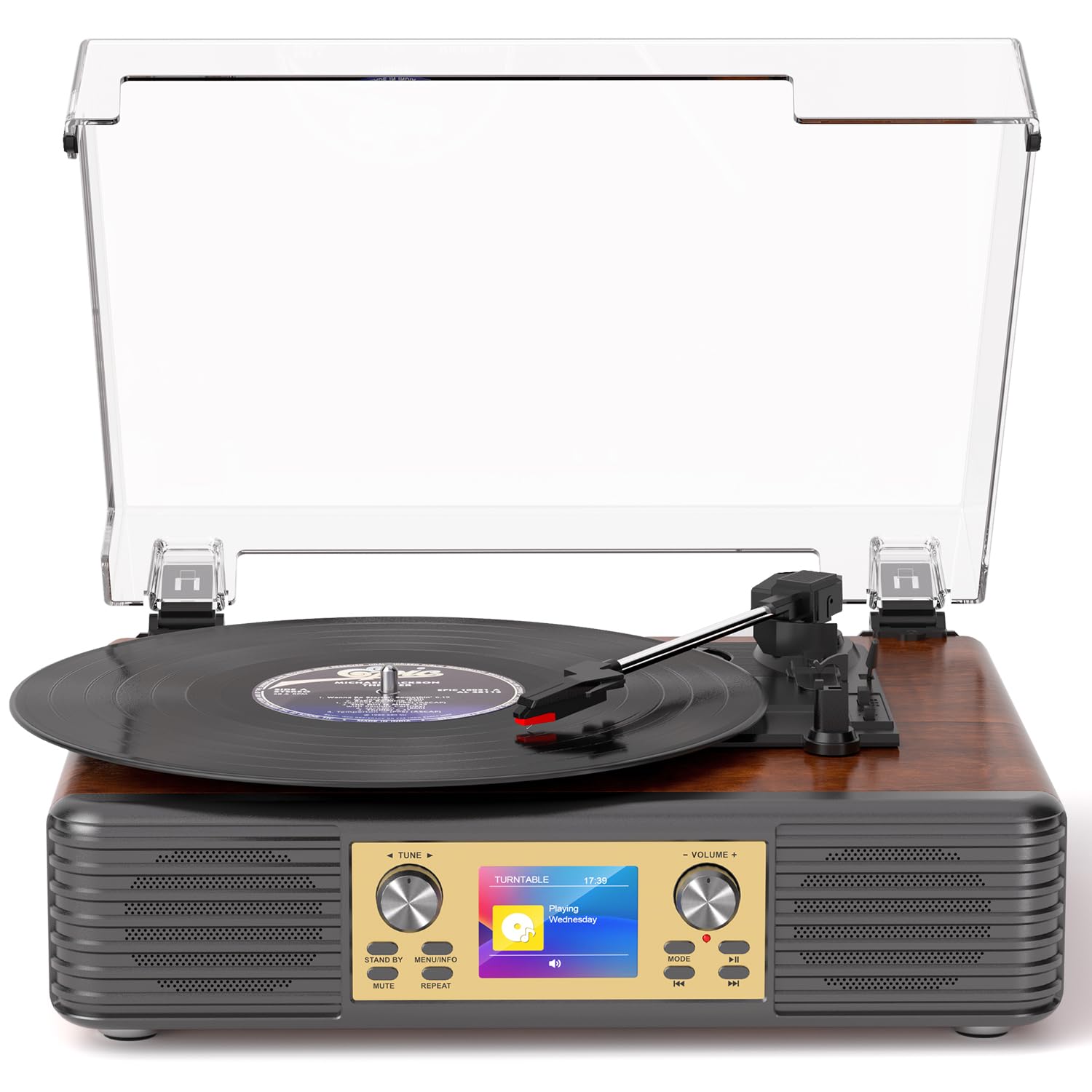 Photo 1 of Bluetooth Record Player with Built-in Speakers, USB to PC Recording, 3-Speed Belt-Drive Vintage Turntable with AUX/RCA Output, Brown Wood Grain Retro Vinyl Player for Home Entertainment Gift