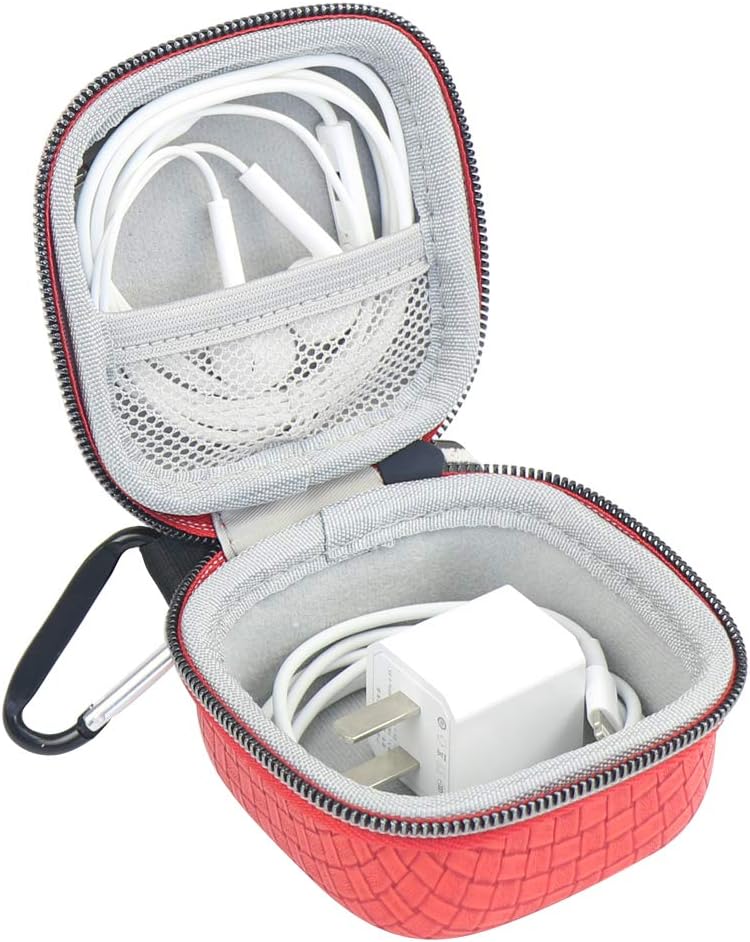 Headphone Ear Bud Earphone Headset Case Small Storage Organizer Carrying Pouch Bag with Carabiners for Bluetooth Wireless Headphones - Charger - Cable - USB Flash Driver(Red)