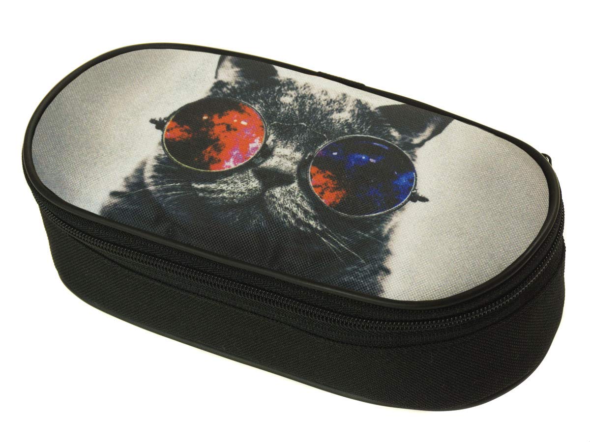 Ferocity Oval Pencil Case Pen Box with Small Organizer Galaxy Sunglasses Cat [086]