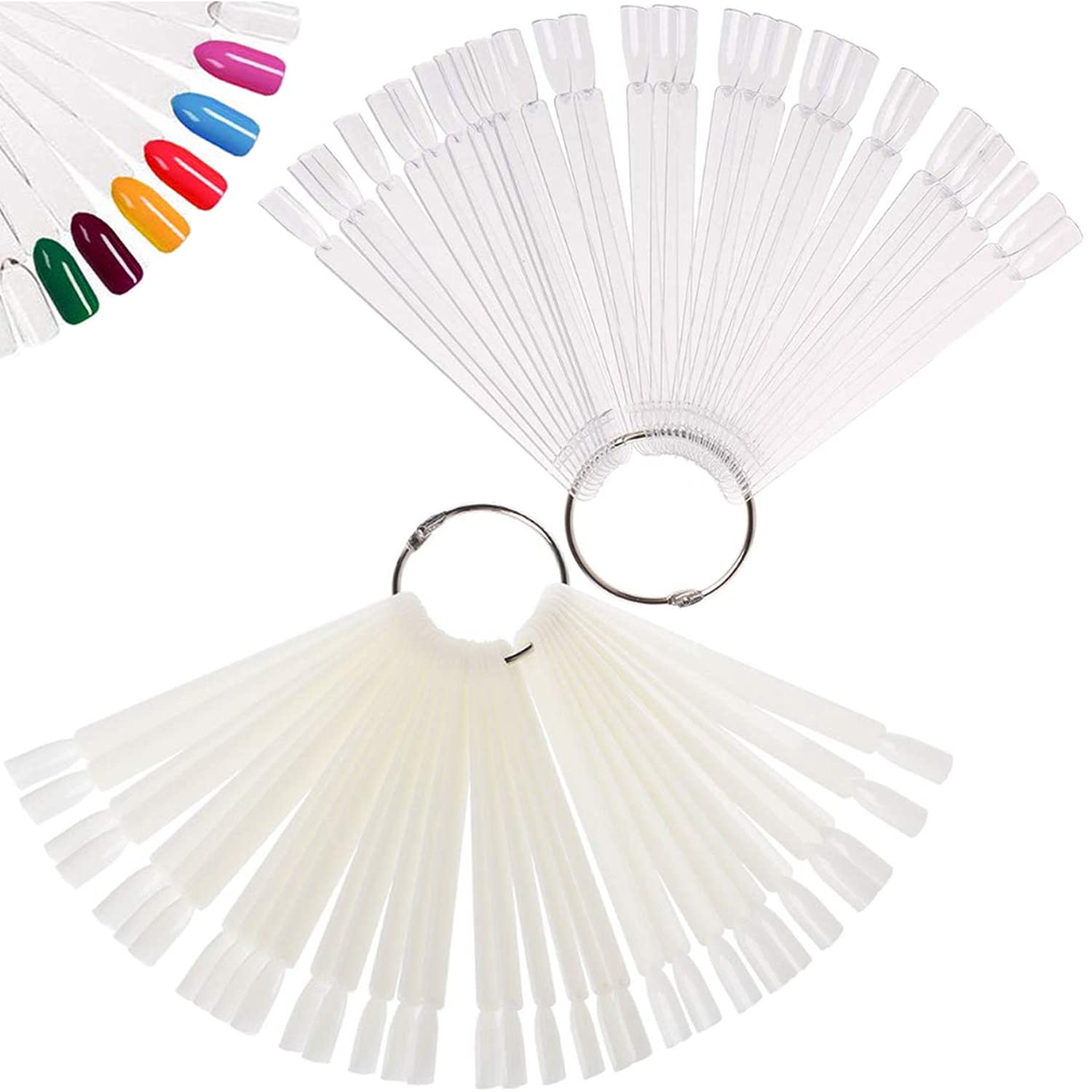 100Pcs Nail Swatch Sticks with Labels, Clear & Natural Nail Colour Display and Practice Tips, Nail Art Display Sticks with Metal Ring for Nail Salons and Beginners