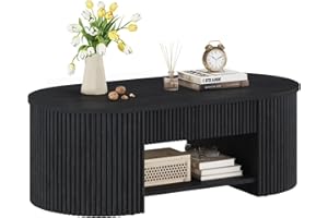 FATORRI Coffee Table for Living Room Storage, Modern Wood Fluted Center Table with Drawer, Mid-Century Oval Living Room Tables with Shelf (Black, 43.31 Inch)