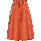 KANCY KOLE Women Casual Cotton Linen Skirts Frill Tie Waist A-Line Midi Skirt with Pockets S-XXL