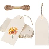 Feifeiya 50 Pack Handmade Vintage Deckle Edge Tags with String 3.75 x 1.75 Thick 160 GSM Cotton Gift Tags for Valentine's Day Birthday Party Arts Crafts Gift Labels(Vintage Beige)