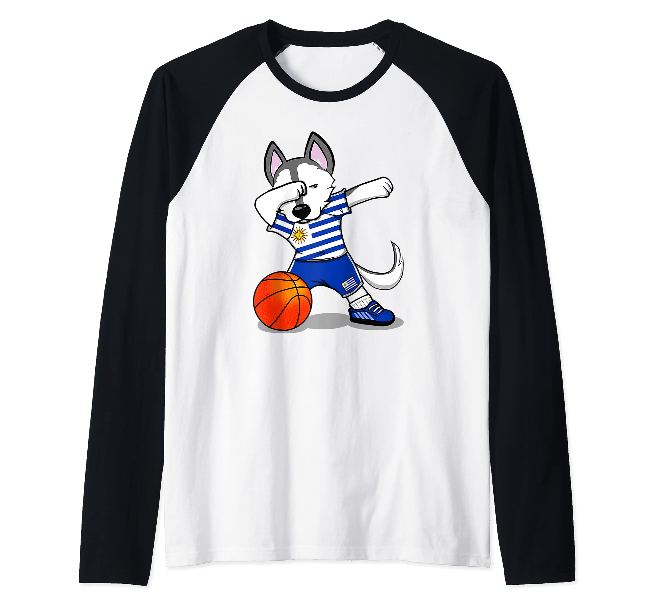 Dabbing Husky Uruguay Basketball Fans Jersey Uruguayan Flag Raglan Baseball Tee