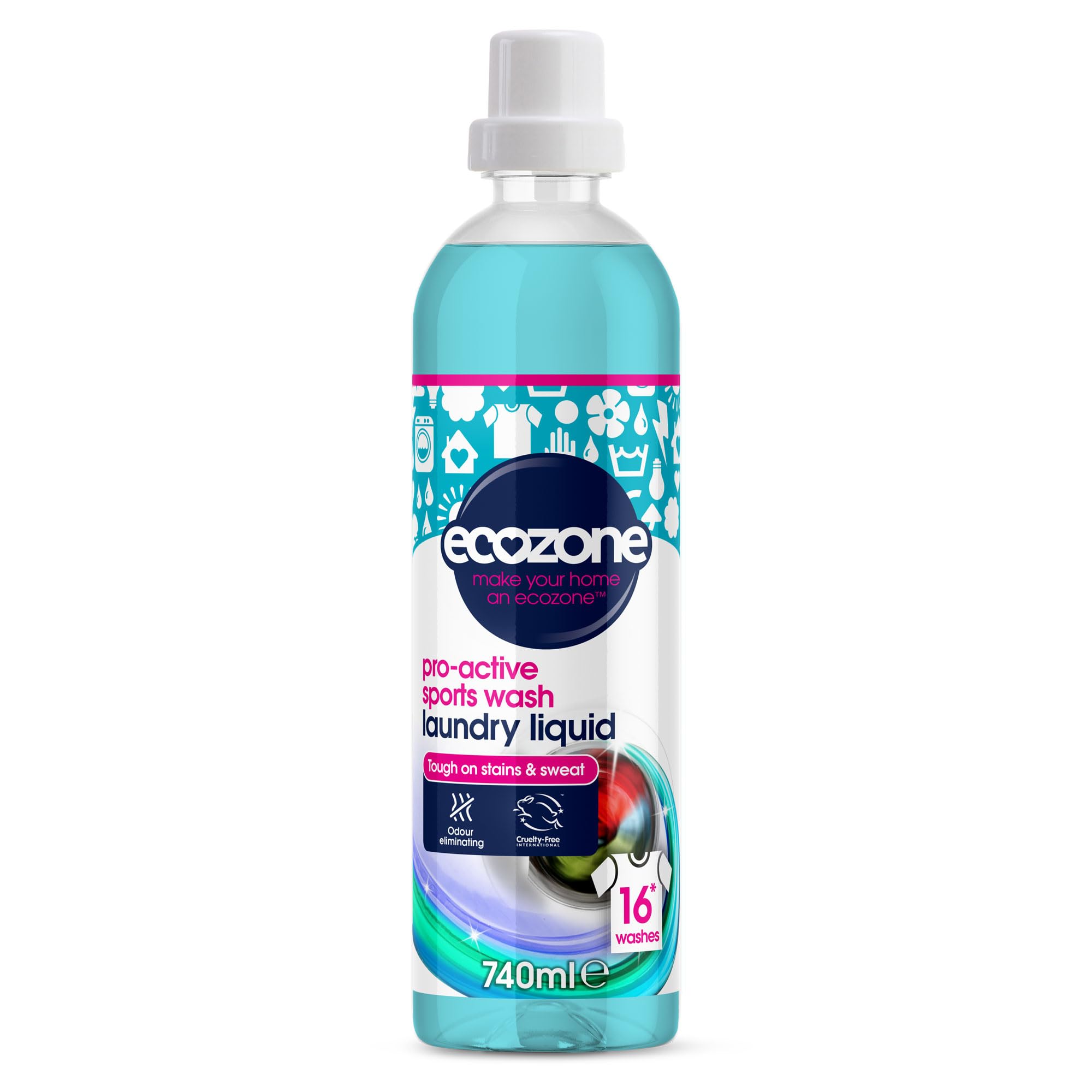 Ecozone Pro-Active Sports Wash, Ultra Concentrated Laundry Liquid Bio Detergent, Washing Machine Clothing Stain & Odour Removal, Natural Vegan Non Toxic Eco-Friendly, Gentle on Skin, 16 Washes (740ml)