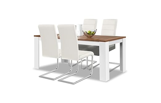 agionda® Esstisch + Stuhlset : 1 x Esstisch Toledo Nussbaum/Weiss 160 x 90 cm + 4 Freischwinger Weiss