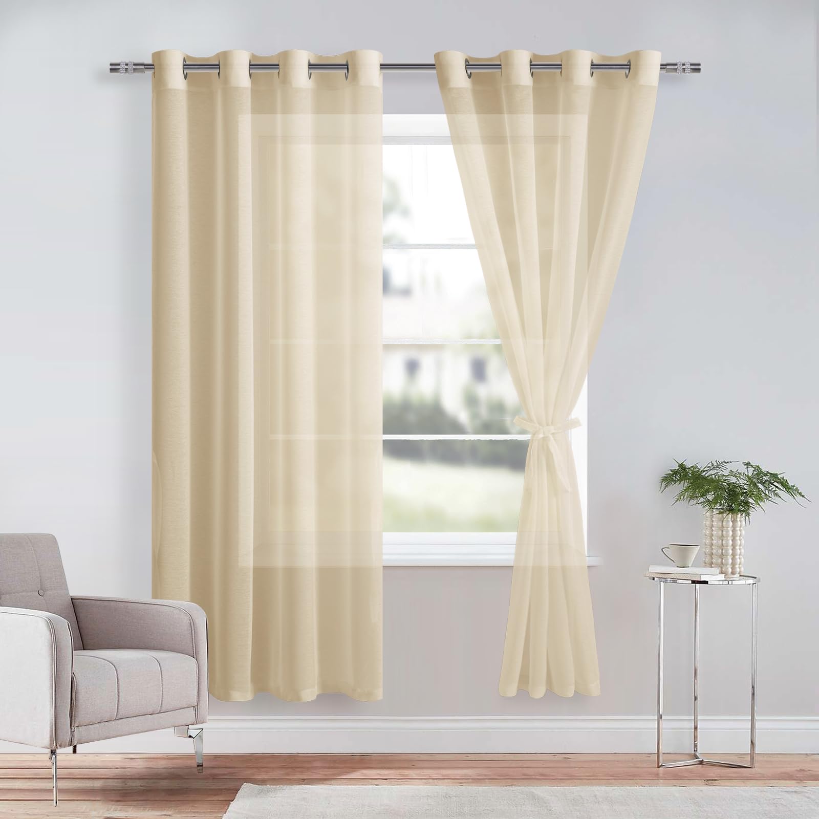 DWCN Beige Sheer Curtains with Tiebacks Semi Transparent Voile Grommet Curtains Elegant Window Curtains for Bedroom and Living Room,2 Panels,W52 x L72
