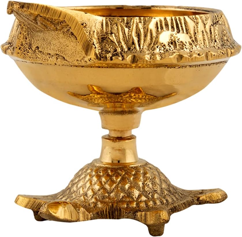Oil Lamps & Accessories - Shubhkart Brass Oil Lamp for Puja / Engraved Design Golden Diya with Turtle Base- Puja Deepak, Deepam, Deep