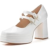 Coutgo Women's Platform Mary Jane Pumps Two Strap Square Toe Chunky Block Heel Sandals Party Shoes