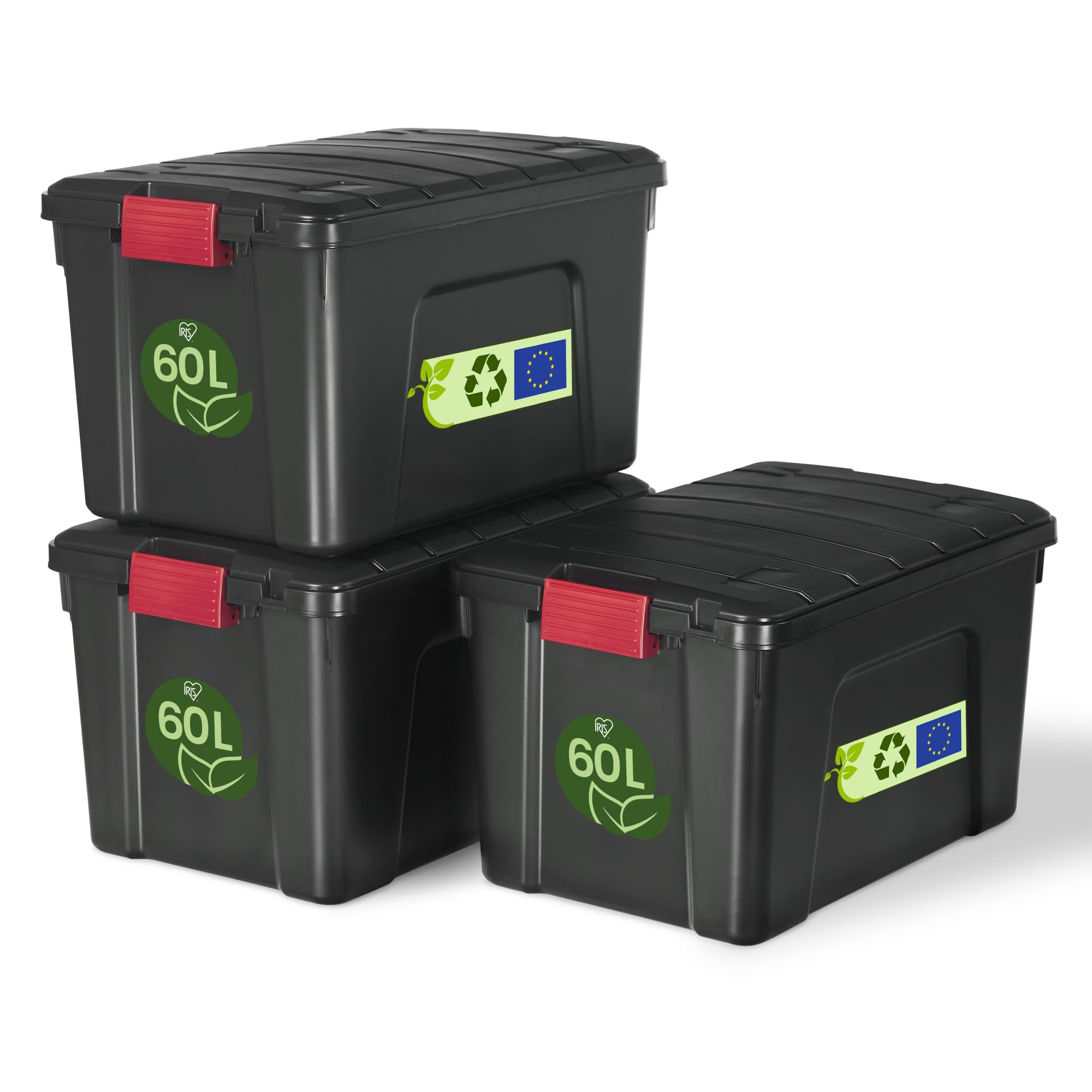 Iris Ohyama, Large Storage Boxes with Lids, Garage Storage Boxes, Closing Clips, 60L/3Pack, BPA Free, W59 x D39.5 x H35.5cm, SIA-60