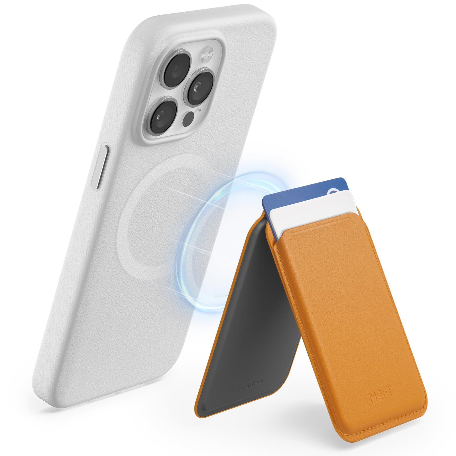 MOFT Card Holder for iPhone 16/15/14/13/12 Series, MagSafe Wallet Phone Stand Compatible with MagSafe, MOVAS Vegan Leather Magnetic Wallet with 2 Cards Holder (Orange)