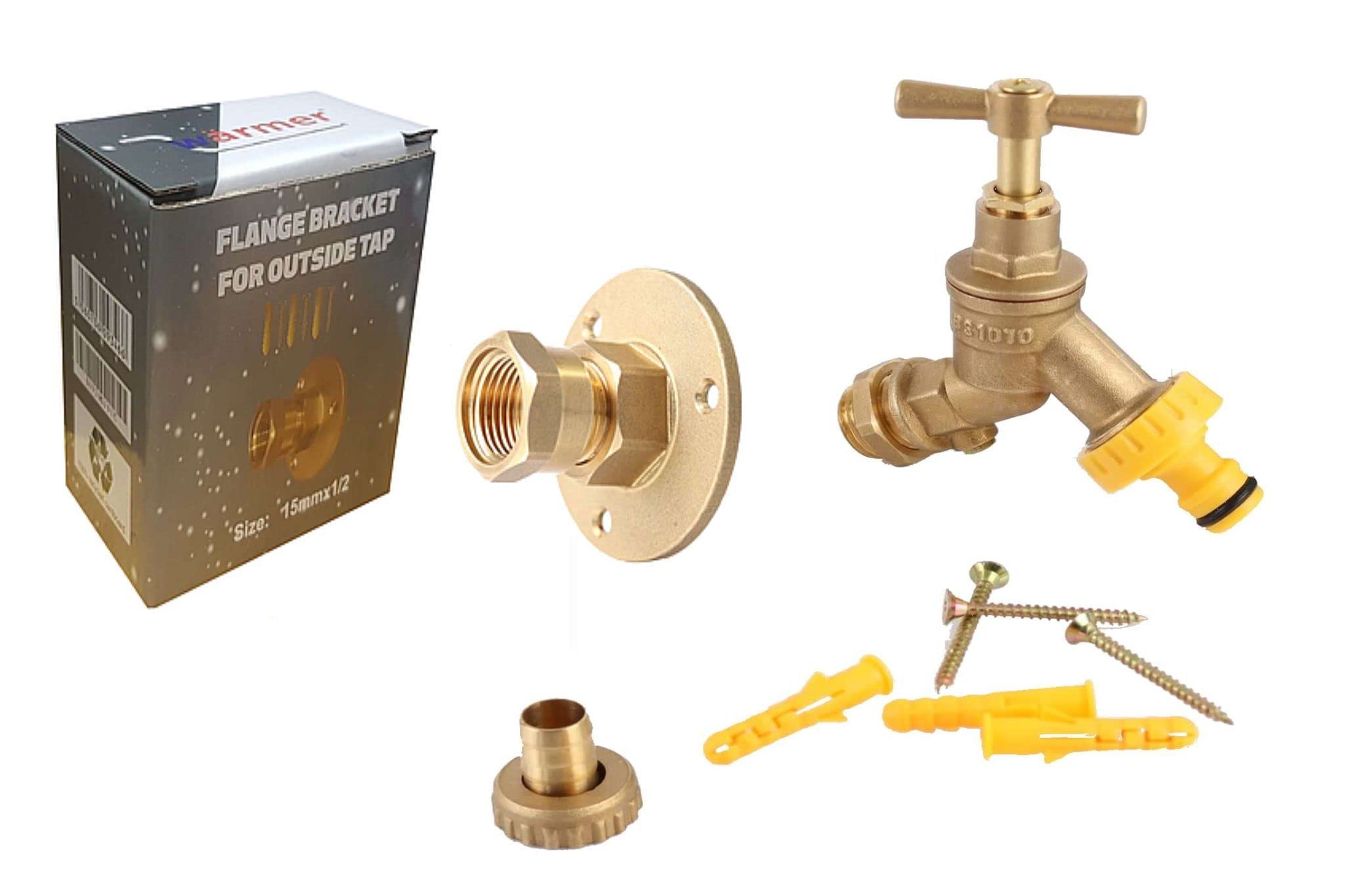 Outside 1/2 Double Check Garden Tap with Through The Wall Flange Bracket Set for 15mm Copper Or 15mm Plastic Pipe