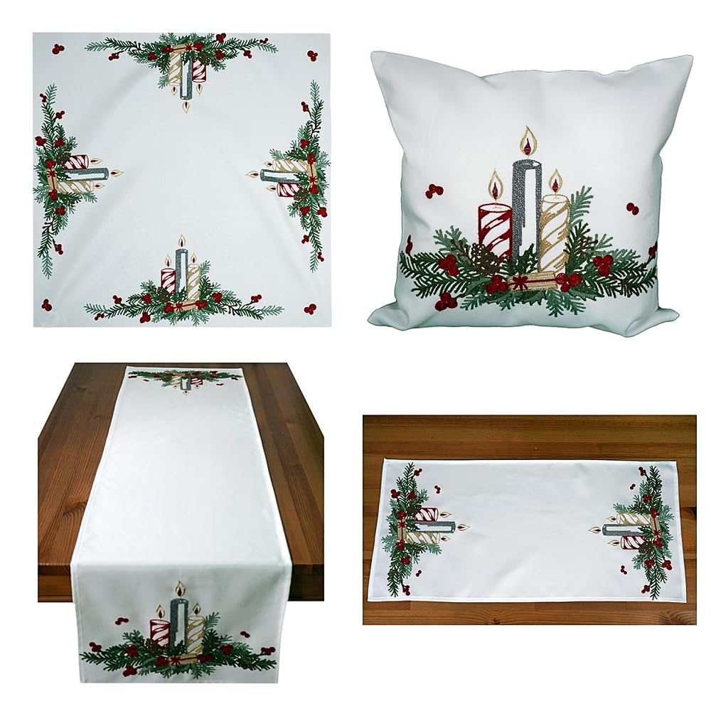 Tablecloth Table Runner Cushion Cover White Nostalgic Crank Embroidery Motif Advent Arrangement with Gold (40 x 140 cm)