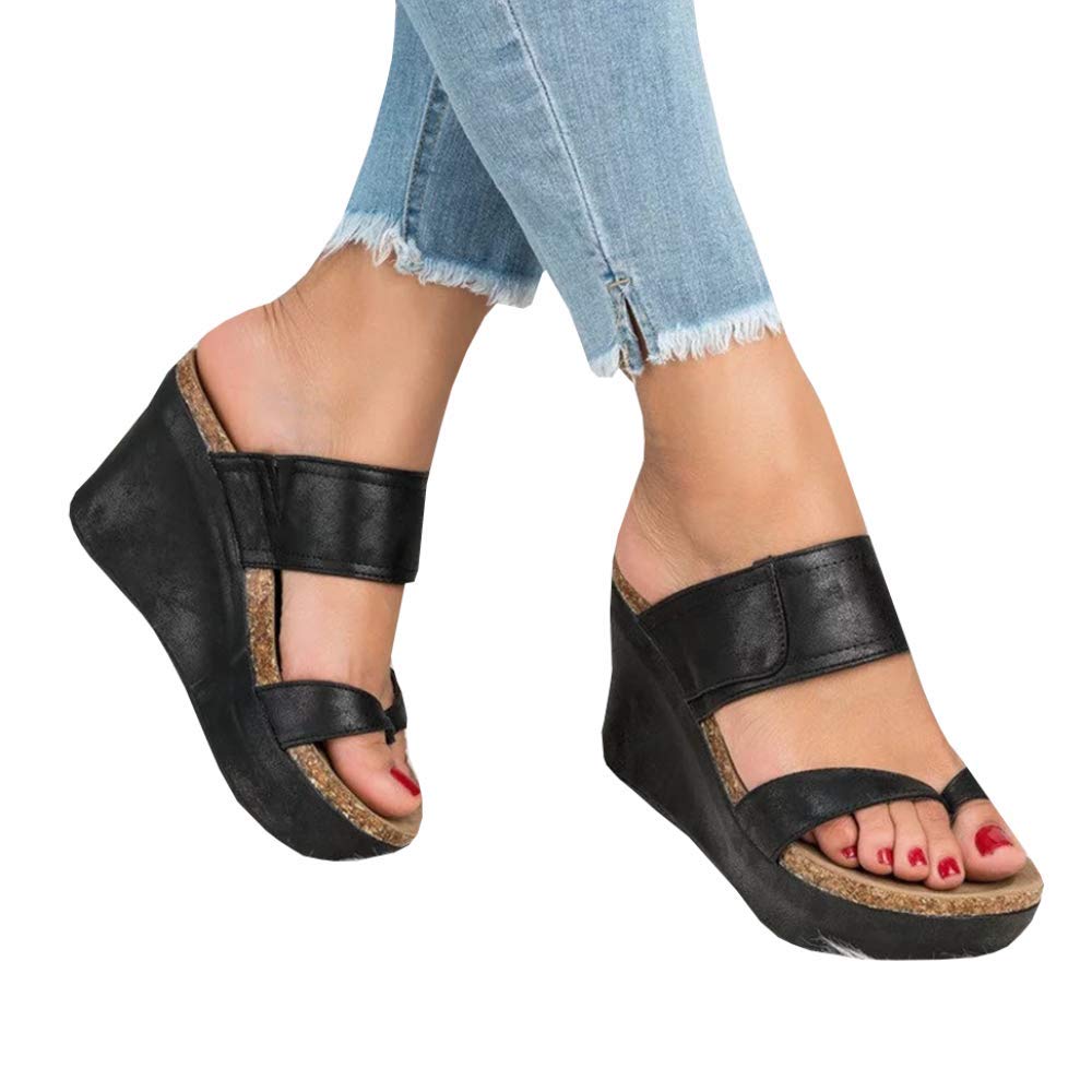 Womens Platform Slip On Cork Wedge Slide Sandals Mules Thong Slingback Summer Shoes - Image 3
