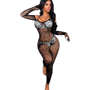 EHSUYAB Body Stockings For Women Sexy Lingerie Fishnet Bodysuit | Including Gloves, Full Leopard Print, Exotic Wear Dancer Ou