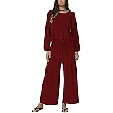 Dorwon Womens Boho 2-Piece Smocked Lounge Set Long Sleeve Ruffle Top Wide Leg Pants