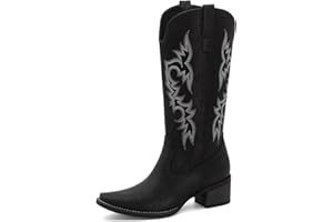 MISSMILLER Women's Square Toe Cowboy Cowgirl Boots Embroidered Mid Calf Chunky Heel Western Boots