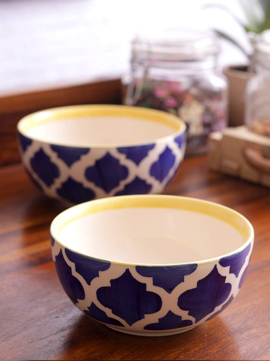 Kraftyhome Handpainted Ceramic Cereal Bowl, 4X4X2.5 INCH, Set of 2, Blue/White/Yellow