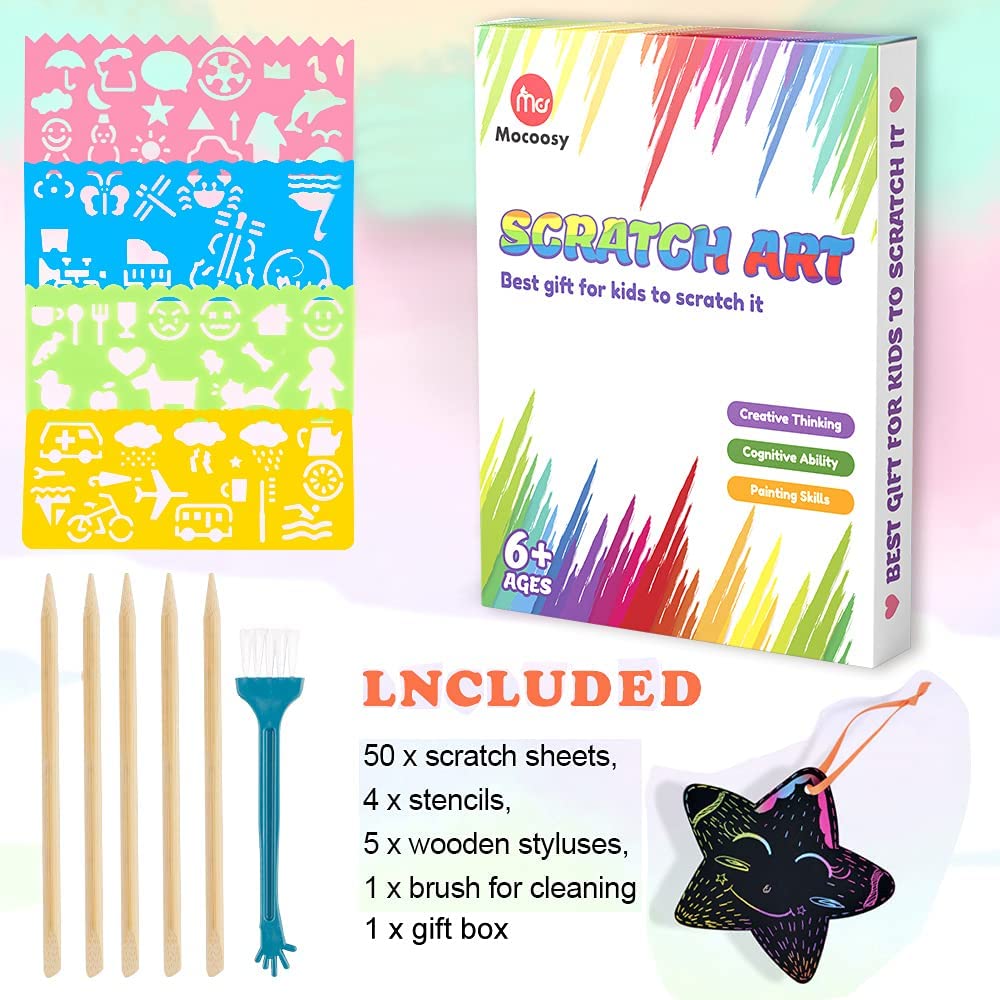 Mocoosy 60 Pcs Rainbow Scratch Art Paper for Kids, Magic Scratch Paper Set Art and Craft Kit, Black Scratch Sheets for Party Game Activities Birthday Gifts Toys Girls Boys 3 4 5 6 7 8 9 10 Years Old