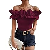 OYOANGLE Women's Ruffle Trim Off Shoulder Short Sleeve Blouse Party Tops Shirt