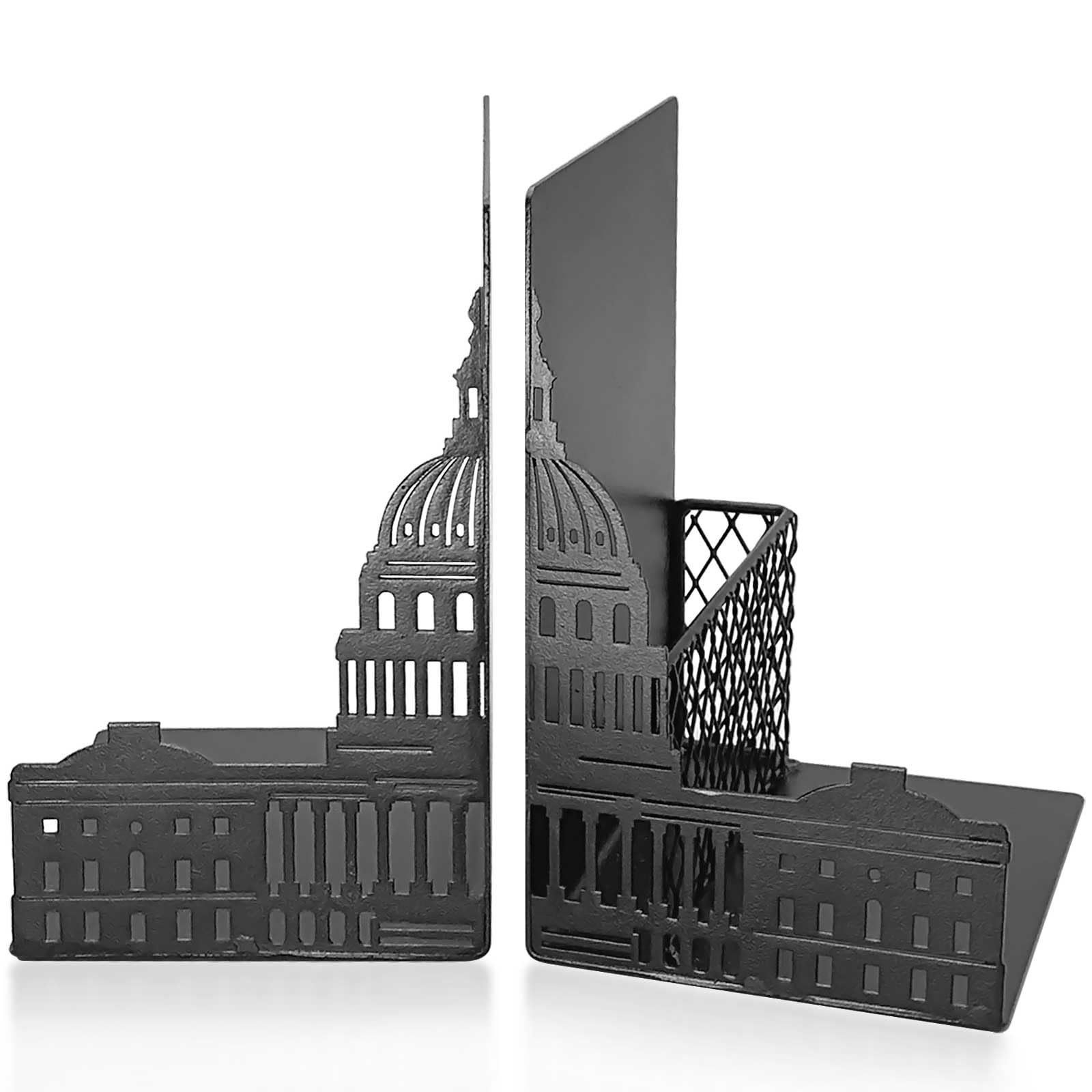 Photo 1 of Bookends with Pen Holder Metal Book Ends for Heavy Books Book Holders for Shelves Capitol Decorative Book Stoppers for Office, Coffee Shop, Bar, Home Decor, Reader Gifts