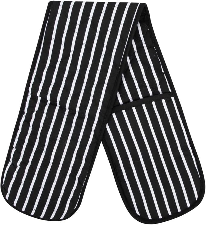 100% Cotton Heat Resistant Stripe Double Oven Glove Mitt for Home Kitchen Restaurant Hot Oven Pots Kitchen Tray Pans-Black