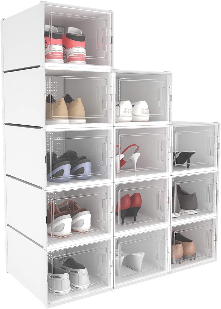 white plastic shoe racks on Yitahome Shoe Box Storage Foldable Clear Door Plastic White Boxes Stackable Shoe Racks For Closets And Entryway Shoe Storage Cabinet Set Of 12 Medium Storage Organization Clothing Closet Storage