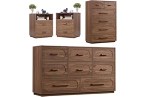 Harpaq 4 Pieces Bedroom Set, Modern 6/8 Drawer Dresser and 2 Drawer Nightstand with Open Shelf, Wood Chest of Drawers Storage Cabinet Set for Bedroom, Living Room, Walnut