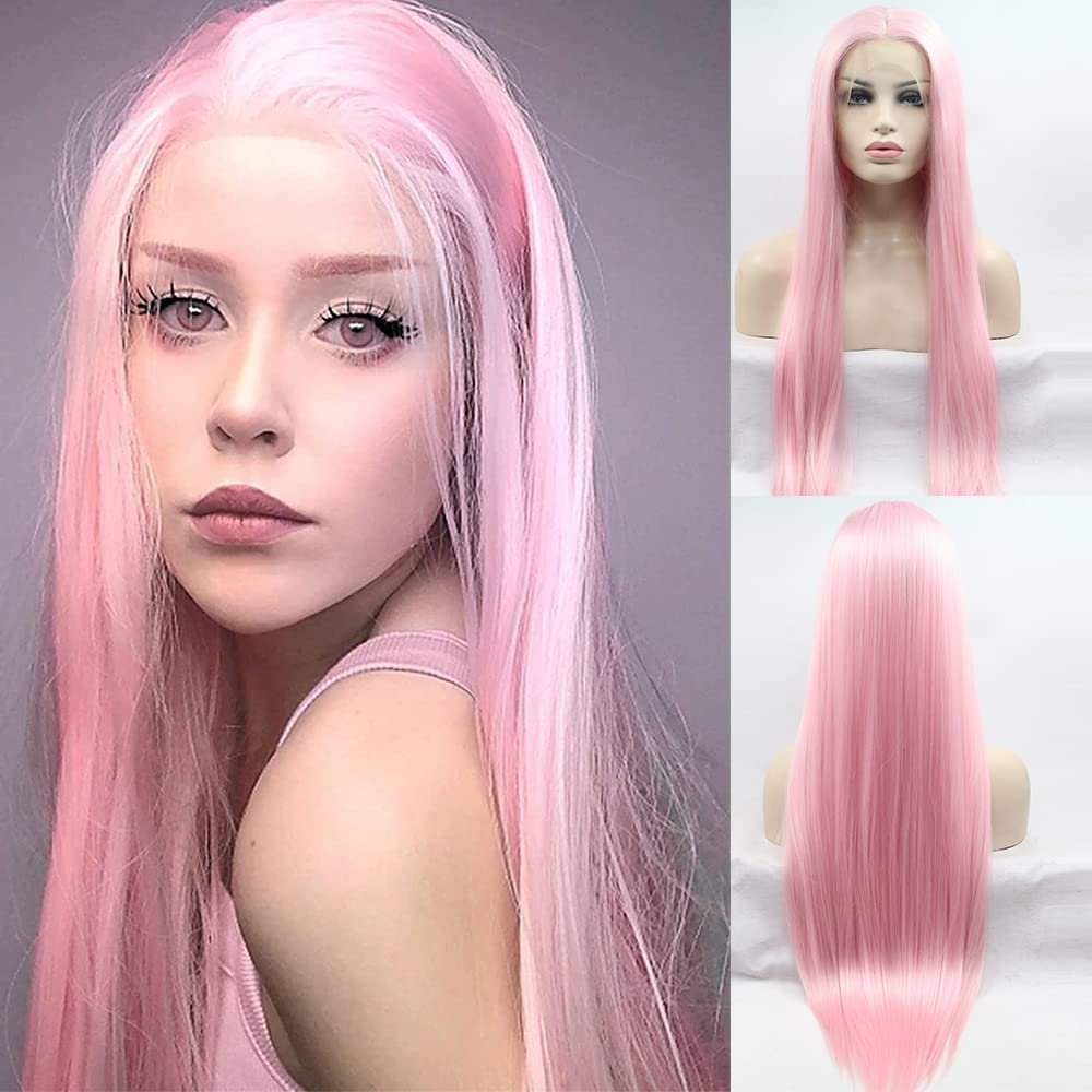 Xiweiya Long pink straight wig Synthetic Lace Front Wigs With Heat Resistant Fiber Pink, Mix color pink color soft wig for women, drag queen silky straight hair replacement wig 24 inch