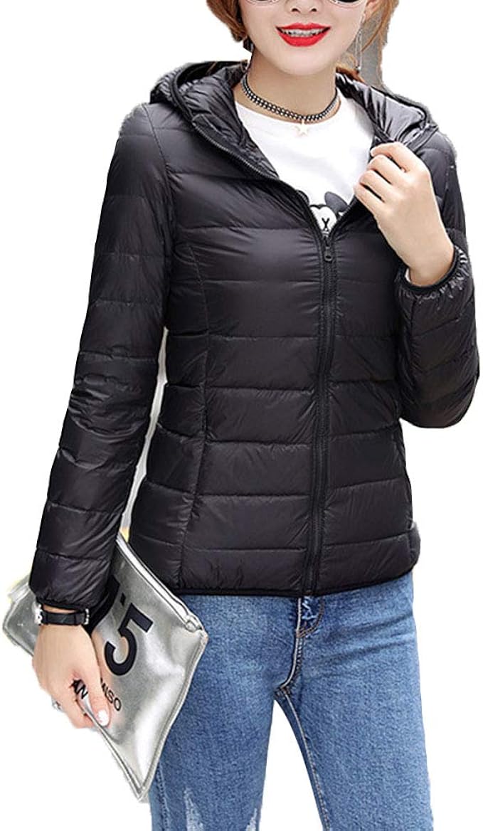 Classic Pink Womens Down Jacket Fashion Hooded Lightweight Packable
