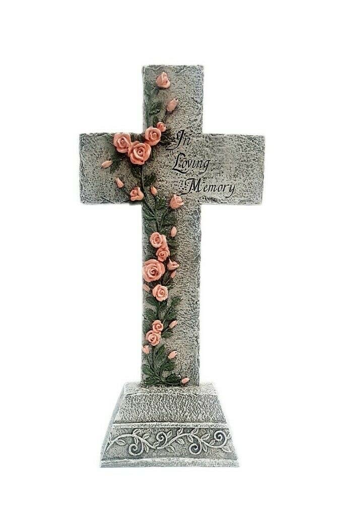 Kingdom Supplies Biblegifts 32cm Standing Grave Cross In Loving Memory Stone Look Resin Ornament Pink Climbing Rose Boxed Gift