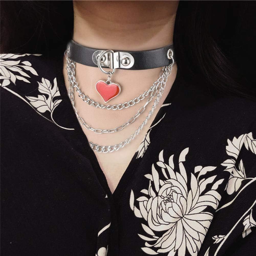 MJartoria Gothic Jewelry-PU Leather Choker Necklace for Women-O-Ring Heart Punk Rock Adjustable Black Collar Choker Cosplayer (Style 1, 2 Pcs): Clothing