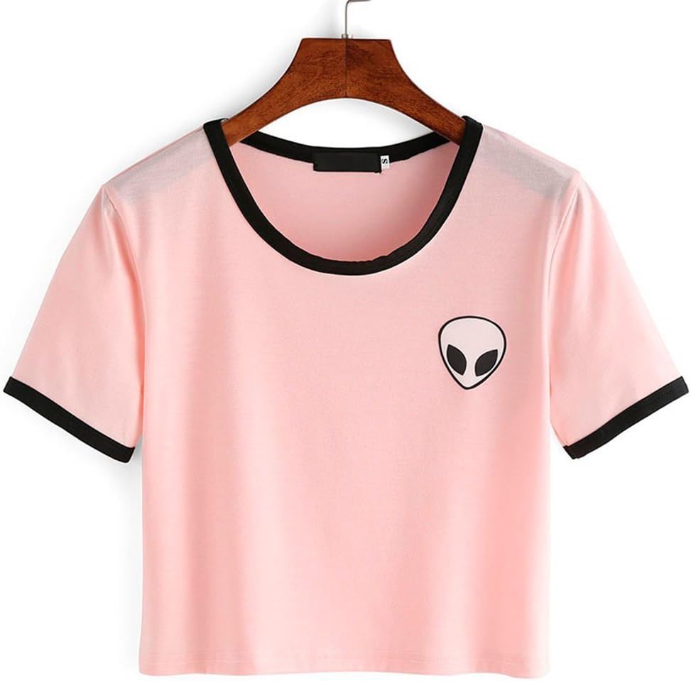 Bestag Striped ET Teen Girls Alien Crop Top Slim Tees Short Sleeve T-Shirt (Pink, Small)