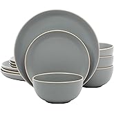 Gibson Home Rockaway 12-Piece Stoneware Dinnerware Set, Matte Finish, Service for 4, Modern Ceramic Plates and Bowls, Microwave & Dishwasher Safe – Soft Gray - Service for 4
