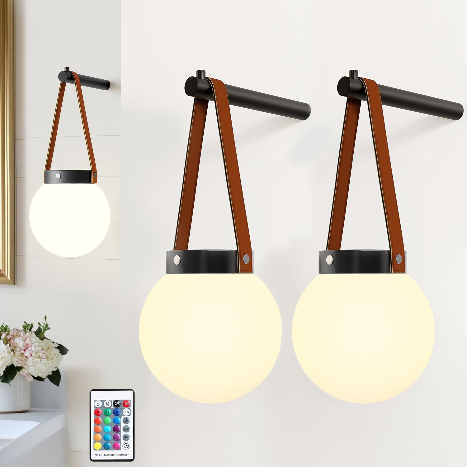 Photo 1 of Battery Operated Wall Sconces Set of 2, Wireless Globe Wall Lights with Remote Control Warm/Natural/Daylight/RGB Dimmable Wall Lamps Bedroom Living Room, Decorative Lights with Dim Lighting Effect