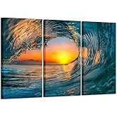 KREATIVE ARTS Large 3 Pieces Canvas Prints Wall Art Sunset Sea Water Ocean Wave Pictures Paintings Modern Stretched and Framed Seascape Giclee Artwork Ready to Hang for Living Room Home Decorations